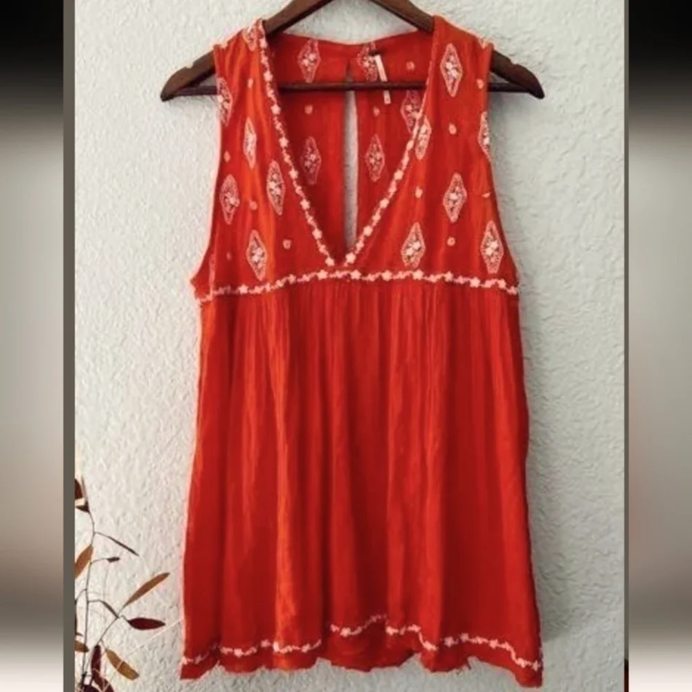 Free People Orange Sleeveless Embroidered Tunic SIZE SMALL